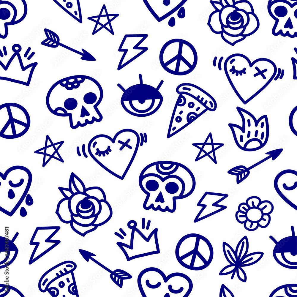 doodle childish vector seamless pattern with hearts and skulls. Hand drawn tattoo style background for wallpaper, print, textile, wrapping paper