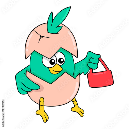 baby bird carrying shopping bag, doodle icon image kawaii