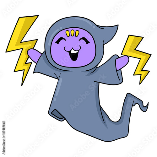thunderstorm controlling wizard cat, doodle icon image kawaii