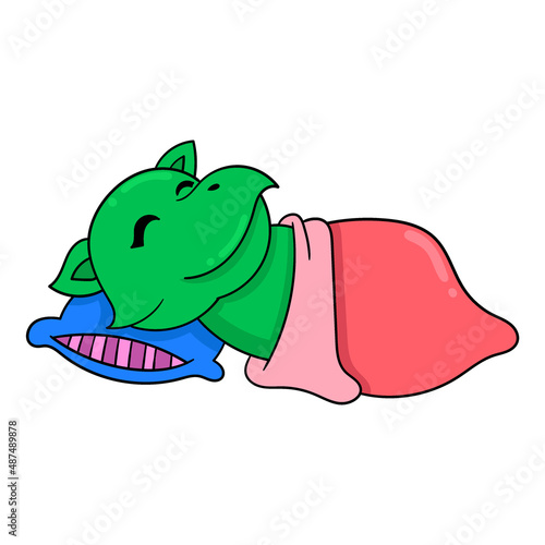 green rhino sleeping with a thick blanket, doodle icon image kawaii