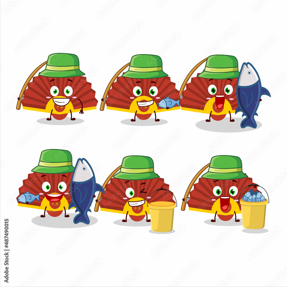 A fisherman red chinese fan cartoon picture catch a big fish A fisherman red chinese fan cartoon picture catch a big fish