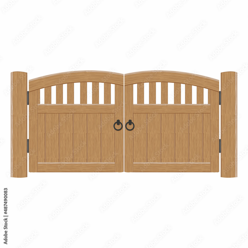 Old wooden massive closed gates, vector illustration. Double door with iron handles and hinges Old wooden massive closed gates, vector illustration. Double door with iron handles and hinges