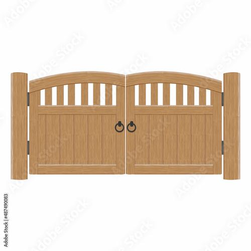 Old wooden massive closed gates, vector illustration. Double door with iron handles and hinges