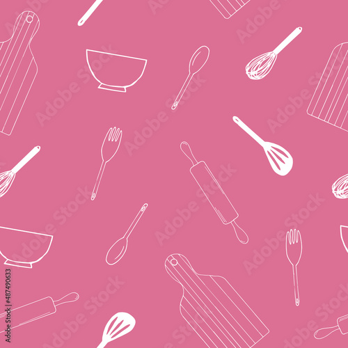 kitchen utensils seamless pattern. wallpaper, textiles. hand drawn doodle. vector, minimalism, monochrome, sketch. fork, spoon, whisk, spatula, rolling pin, cutting board. food, cooking.