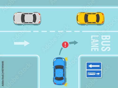 Safety driving and traffic regulating rules. Blue sedan car is about to turn right on a bus lane. Contra-flow bus lane sign. Flat vector illustration template.