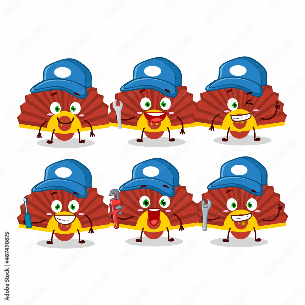 Obraz premium mechanic red chinese fan cute mascot character with pliers
