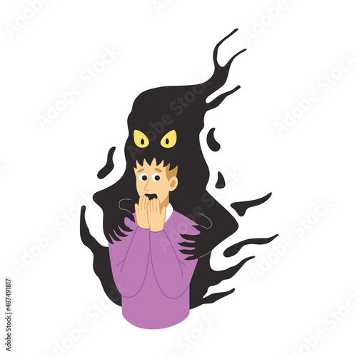 Mental problems Anxiety, Fear, Phobia. Psycholagical instability concept. Man suffering from anxiety, phobia, panic attack. Anxiety monster atacking man. Illustration in flat style photo