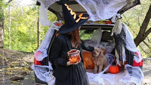 teenage girl in witch costume and hat and cute poodle dog in ghost costume sits in trunk car decorated for Halloween with web, orange balloons and pumpkins, outdoor creative activity concept in autumn