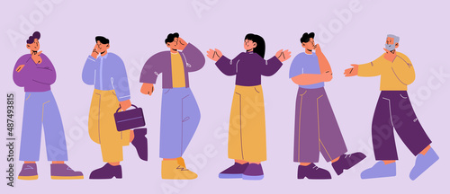 Pensive people think about question or problem. Vector flat set of curious, doubt, confused and puzzled women and men with hand on head or chin. Expression of people making decision or choice