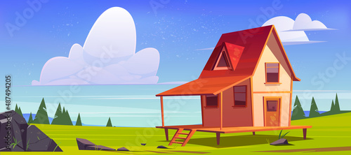 Cottage on green field, wooden house on stilts on meadow among coniferous trees. Home with terrace on piles at sunny day. Eco dwelling, hotel, pc game background scene, Cartoon vector illustration