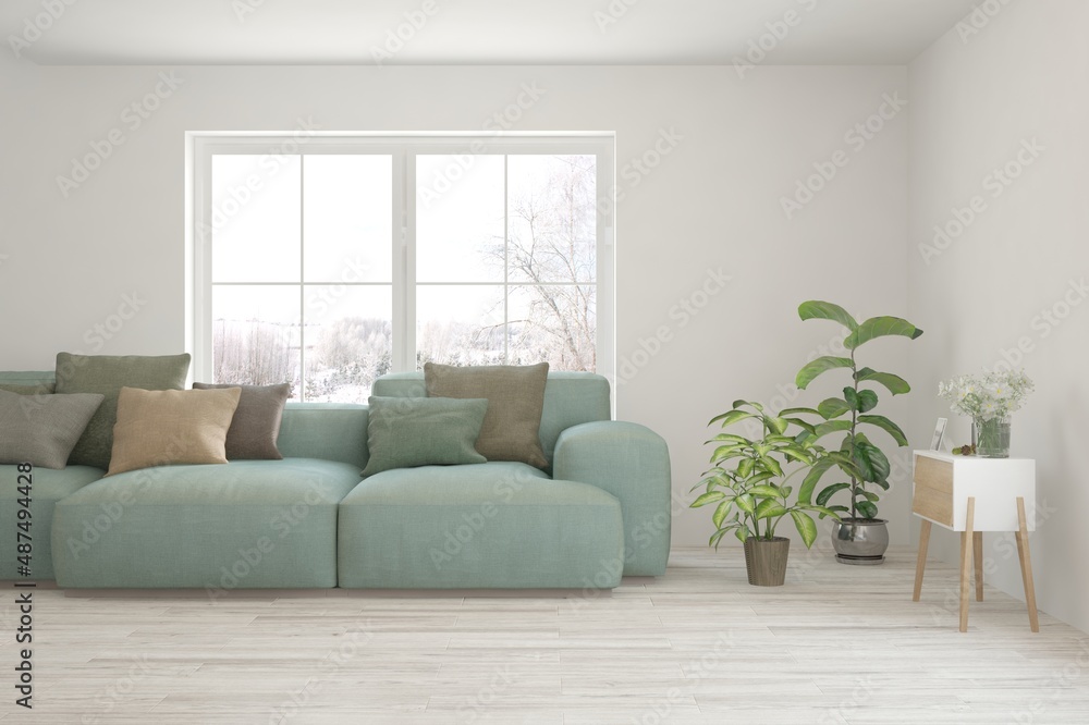 White living room with sofa and winter landscape in window. Scandinavian interior design. 3D illustration White living room with sofa and winter landscape in window. Scandinavian interior design. 3D illustration