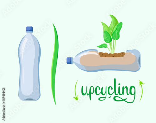 Flower pot from a plastic bottle. Cartoon design. Upcycling.