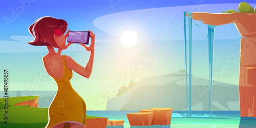 Girl take photo of waterfall on mobile phone camera. Vector cartoon illustration of women photographing summer landscape with mountains, water falling off ledge, lake and green grass