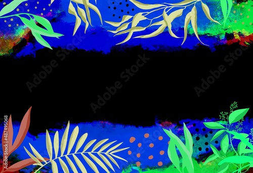 Floral dark gothic background black blue zeoi color plants and leaves in tropical style textured grunge design suitable for print postcard print template or website with space for text photo