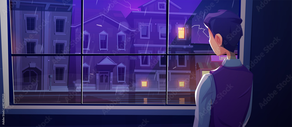 Man looking at window at rain on city street. Vector cartoon illustration of thunderstorm with lightning in town with houses, road and person standing inside home at rainy night