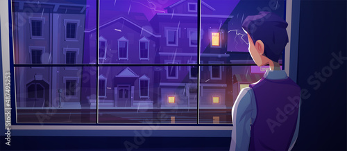 Man looking at window at rain on city street. Vector cartoon illustration of thunderstorm with lightning in town with houses, road and person standing inside home at rainy night