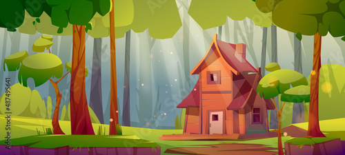 Summer forest with wooden house, green trees and grass. Vector cartoon illustration of summer woods landscape with forester cottage, bushes and path on glade