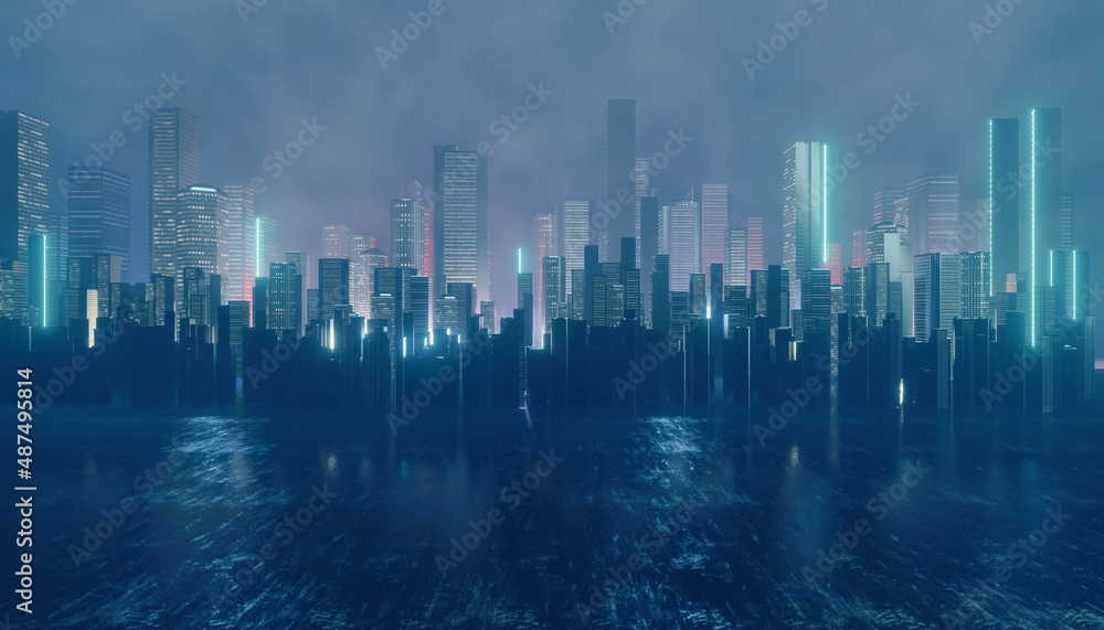 Dark city with blue light technology background. cyber punk style. 3D illustration rendering. Dark city with blue light technology background. cyber punk style. 3D illustration rendering.
