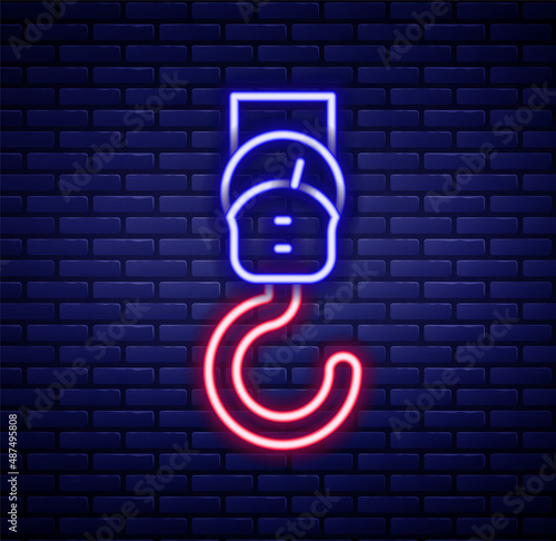 Glowing neon line Spring scale icon isolated on brick wall background. Balance for weighing. Determination of weight. Colorful outline concept. Vector