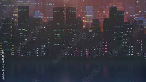Color lighting building dark city technology background. cyber punk style. 3D illustration rendering.