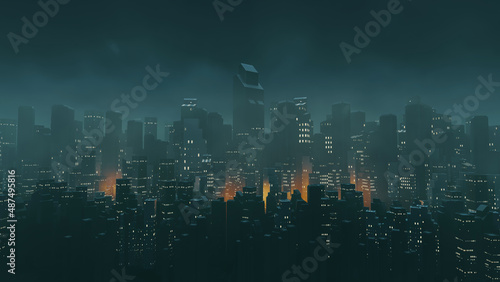 Dark city technology background. cyber punk style. 3D illustration rendering.