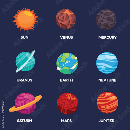 Planetary object collection of planet sun earth astronomy design cartoon kids style illustration science space