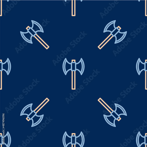 Line Medieval poleaxe icon isolated seamless pattern on blue background. Vector