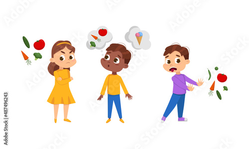 Children do not like to eat vegetables and dream of sweets set cartoon vector illustration
