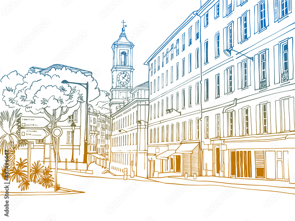 Old street in hand drawn sketch style. Nice, Provence, France. Vector illustration. Line Art. Nice European city. Colorful urban landscape on white background. Without people.