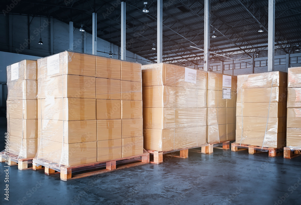Packaging Boxes Wrapped Plastic Film on Pallets in Storage Warehouse