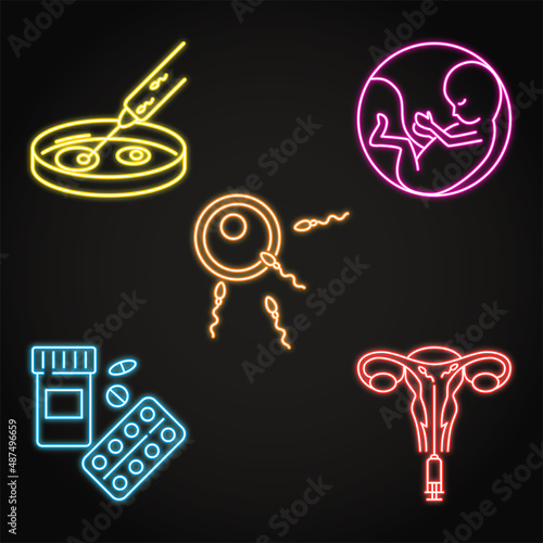 Natural and artificial fertilization neon icon set
