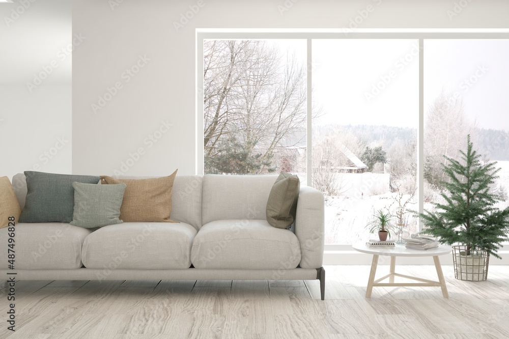 White living room with sofa and winter landscape in window. Scandinavian interior design. 3D illustration White living room with sofa and winter landscape in window. Scandinavian interior design. 3D illustration