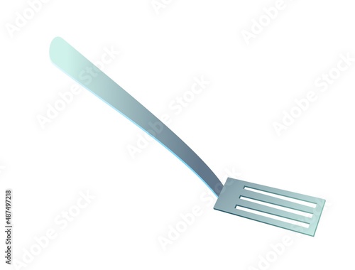 Kitchen slotted spoon for stirring food in skillet. Cartoon style. Object isolated on white background. Vector