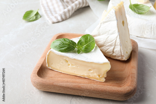 Delicious brie cheese with basil on light grey table