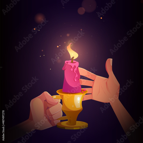 Hands with candle in metal candlestick with handle, cartoon vector illustration for book or computer game with human palms covering burning fire with sparkles from wind in dark room, first person view