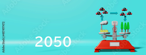 2050年カーボンニュートラルの実現地球温暖化ガスの排出と吸収の差がゼロのイメージ。この図は二酸化炭素を温暖化ガスの一つとして表示。	
