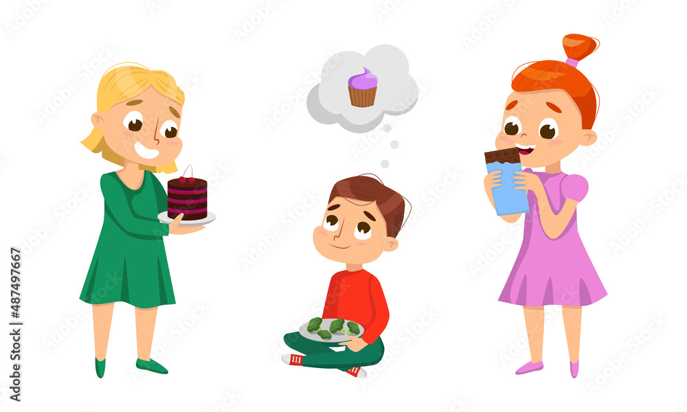 Children eating sweets and vegetables set. Healthy and unhealthy for children cartoon vector illustration Children eating sweets and vegetables set. Healthy and unhealthy for children cartoon vector illustration