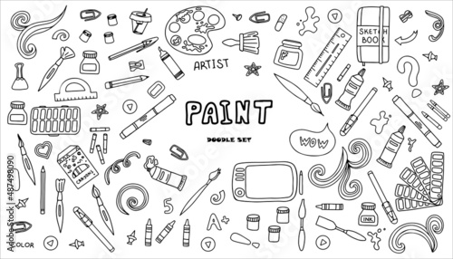 Vector art tools sketch. set hand drawn vector artist s supplies. Doodle graphic tablet, markers and paints. Art background