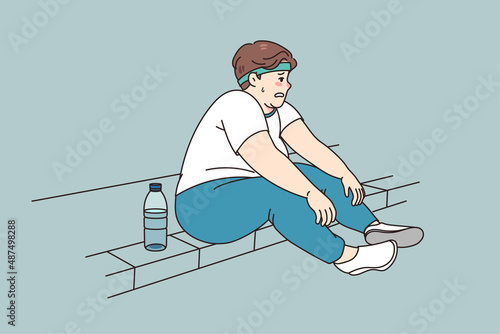 Tired fat man sit on sidewalk feel exhausted after exercising outdoors losing weight. Unhappy obese male have difficulties workout training in park. Diet and sport, weightloss. Vector illustration. 