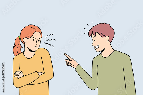 Having fun and laughing concept. Smiling boy standing pointing at irritated stressed girl having fun and kidding having problems in communication vector illustration 