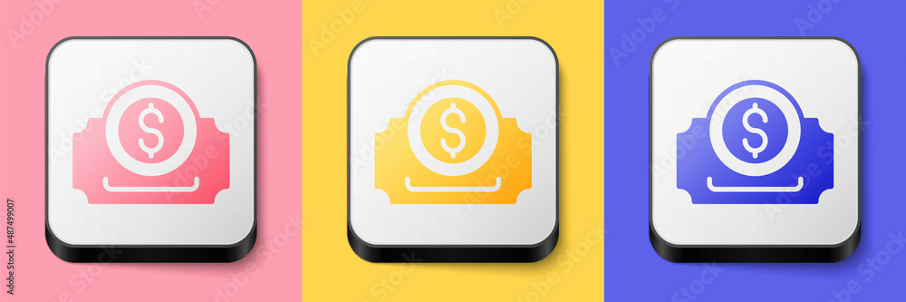 Isometric Cinema ticket icon isolated on pink, yellow and blue background. Square button. Vector Isometric Cinema ticket icon isolated on pink, yellow and blue background. Square button. Vector