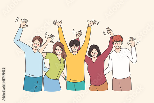 Happy young people raise hands paving having fun together. Smiling diverse friends celebrate or throw party posing for picture. Friendship and diversity concept. Flat vector illustration. 