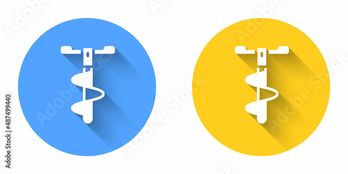 White Hand ice drill for winter fishing icon isolated with long shadow background. Circle button. Vector