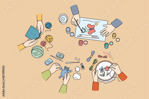 Top view of children drawing, embroidery or knitting class. Kids engaged in creative art workshops on weekend. Educational or artistic lessons for child. Flat vector illustration. 