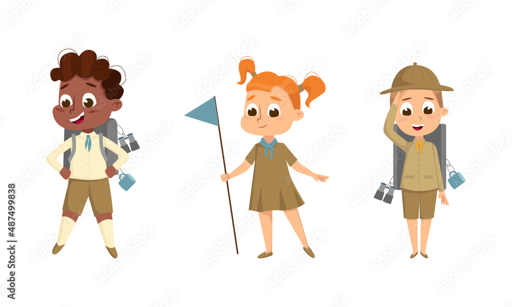 Scouting children set. Cute little boy and girl scouts in uniform with hiking equipment cartoon vector illustration Scouting children set. Cute little boy and girl scouts in uniform with hiking equipment cartoon vector illustration