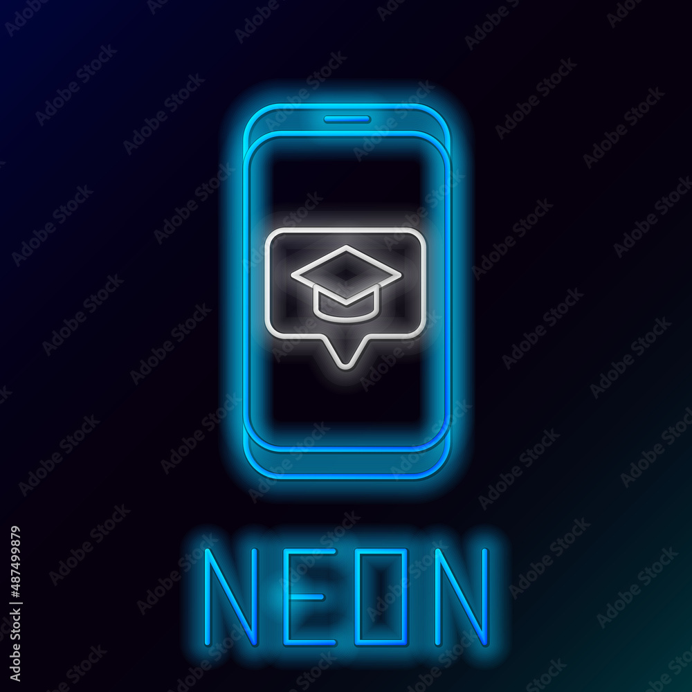 Glowing neon line Graduation cap on screen smartphone icon isolated on black background. Online learning or e-learning concept. Colorful outline concept. Vector Glowing neon line Graduation cap on screen smartphone icon isolated on black background. Online learning or e-learning concept. Colorful outline concept. Vector
