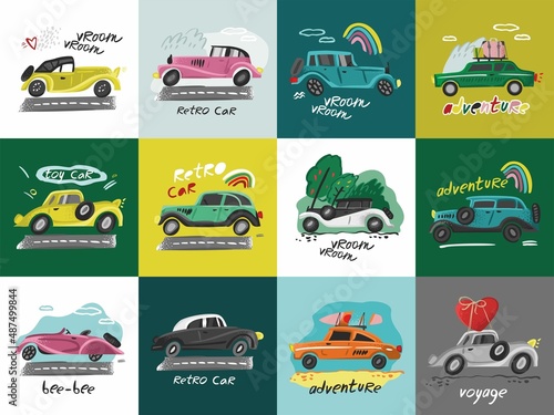 Set of decorative retro cars, rainbows, trees, roads, lettering isolated on white. Collection of vintage transport for children's decor, cards, poster, printing on fabric. Cartoon vector illustration