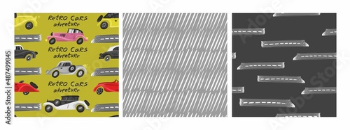 Set of decorative seamless patterns with retro cars, road, strokes, lettering. Collection of backgrounds with vintage toy cars for kids textiles, wallpaper, wrapping paper. Cartoon vector illustration