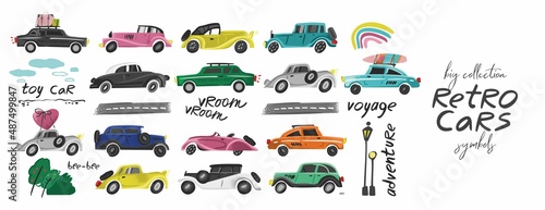 Set of decorative retro cars, rainbows, trees, roads, lettering isolated on white. Collection of vintage transport for children's decor, cards, poster, printing on fabric. Cartoon vector illustration