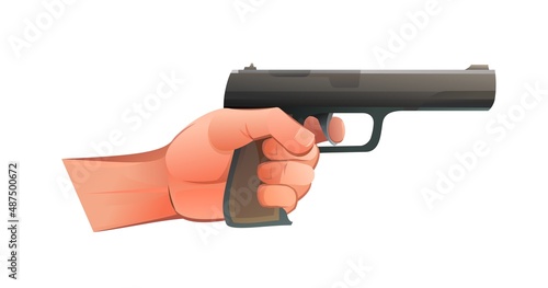 Left hand with firearm combat medium-caliber pistol. Object isolated on white background. Funny cartoon style. Vector